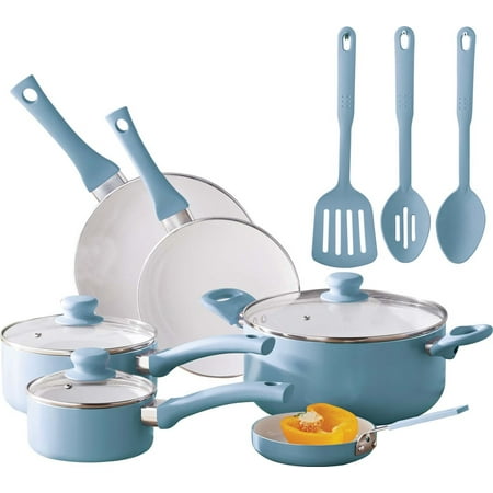 Mainstays 12-Piece Ceramic Non-Stick Cookware Set, Blue Linen