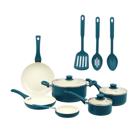 Mainstays 12 Piece Ceramic Nonstick Aluminum Pots and Pans Cookware Set, Blue