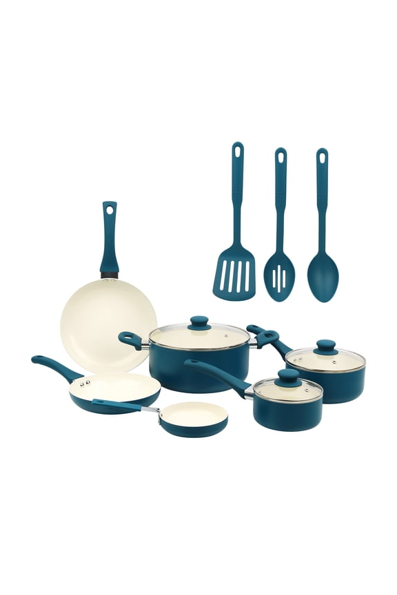 12 Piece Ceramic Nonstick Aluminum Pots and Pans Cookware Set, Blue