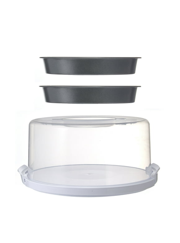 Mainstays 12 inch Clear Cake Carrier with 2pk 9 inch Gray Round Pans, Carbon Steel