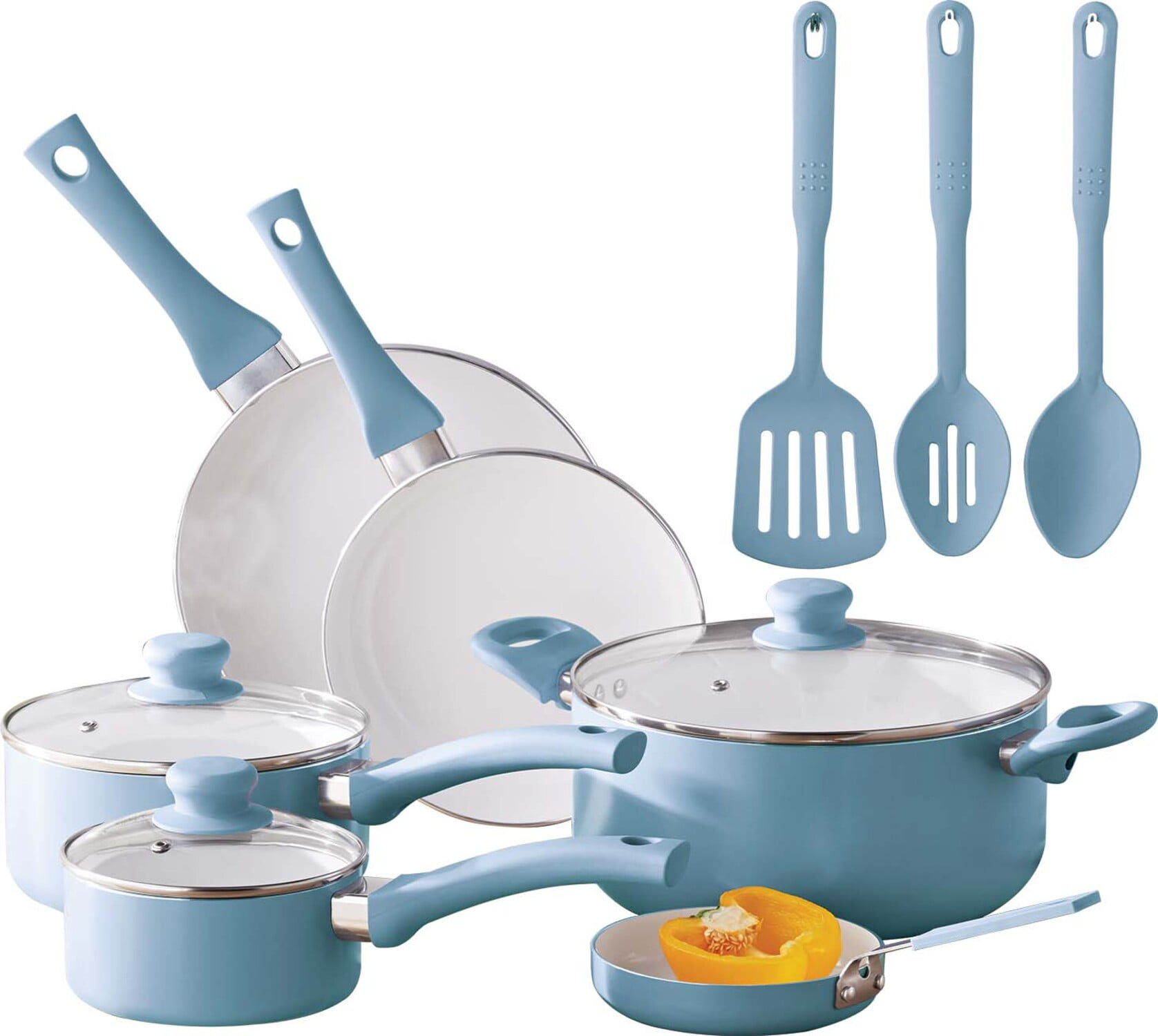 Multipurpose Cookware Set | Full-Size and Mini Always Pan and Perfect Pot Set in Blue Salt | 36 Pieces of Cookware in 4 | Toxin-Free Ceramic Coating 