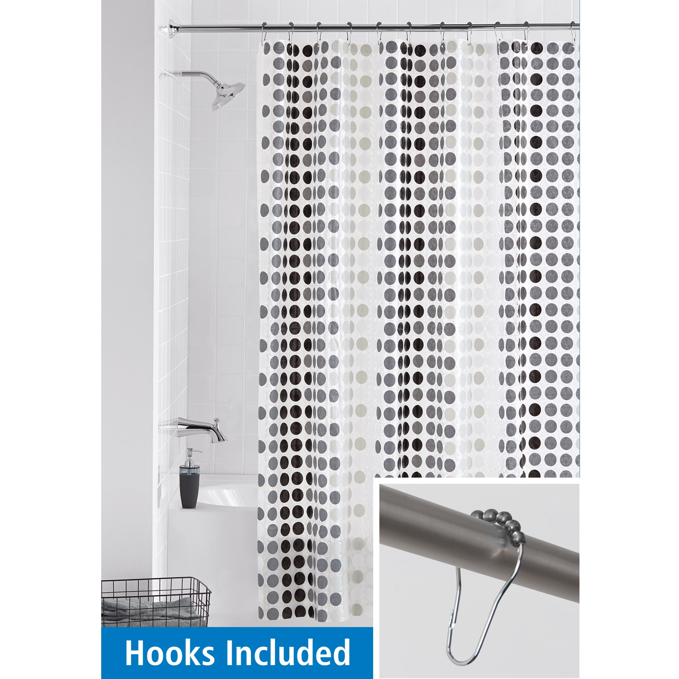 Mainstays 13-Piece Odette Lightweight 70" x 72" PEVA Shower Curtain and 12 Roller Hooks Set, Black