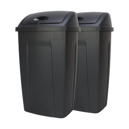 Mainstays Kitchen Trash Can Kitchen, 13 Gallon Plastic Garbage Bin with Swing Top Lid, Black, 2 Pack