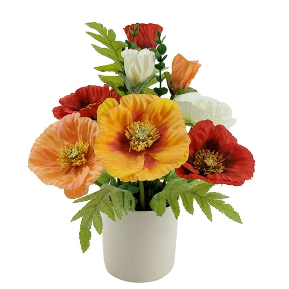Mainstays Indoor 14.5 Inch Artificial Polyester Poppy In White Plastics Pot, Orange Color, 1 Piece