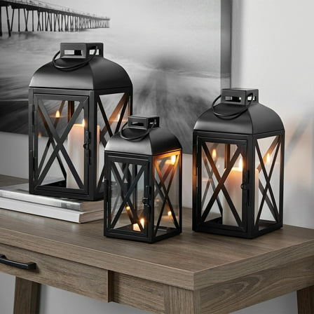 Mainstays Decorative Black Metal Pillar Candleholder Lantern, 14", Large