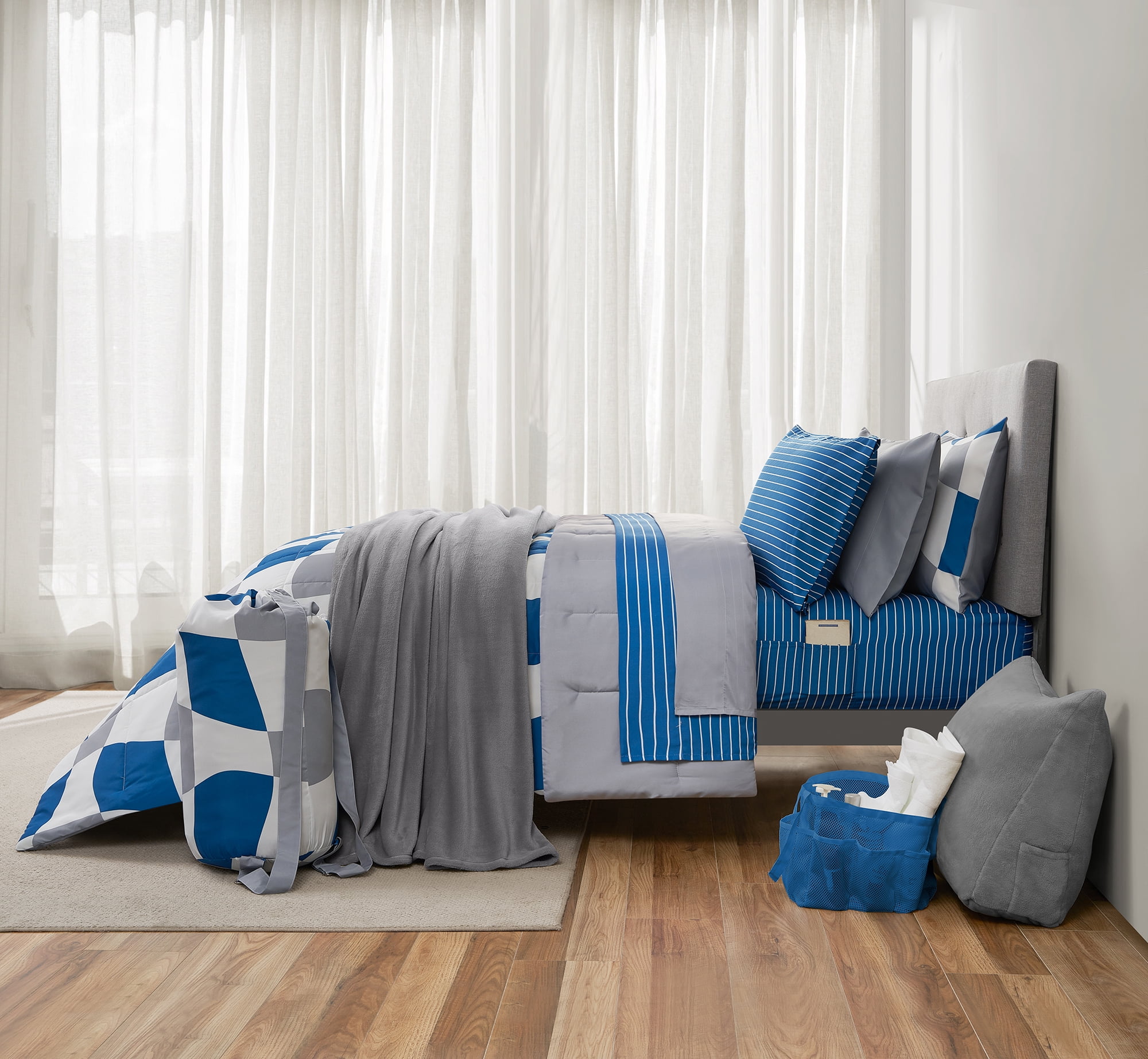 14pc College Dorm Essentials Bundle, Twin-XL, Reversible Bed in a Bag Comforter Set, Navy Checker