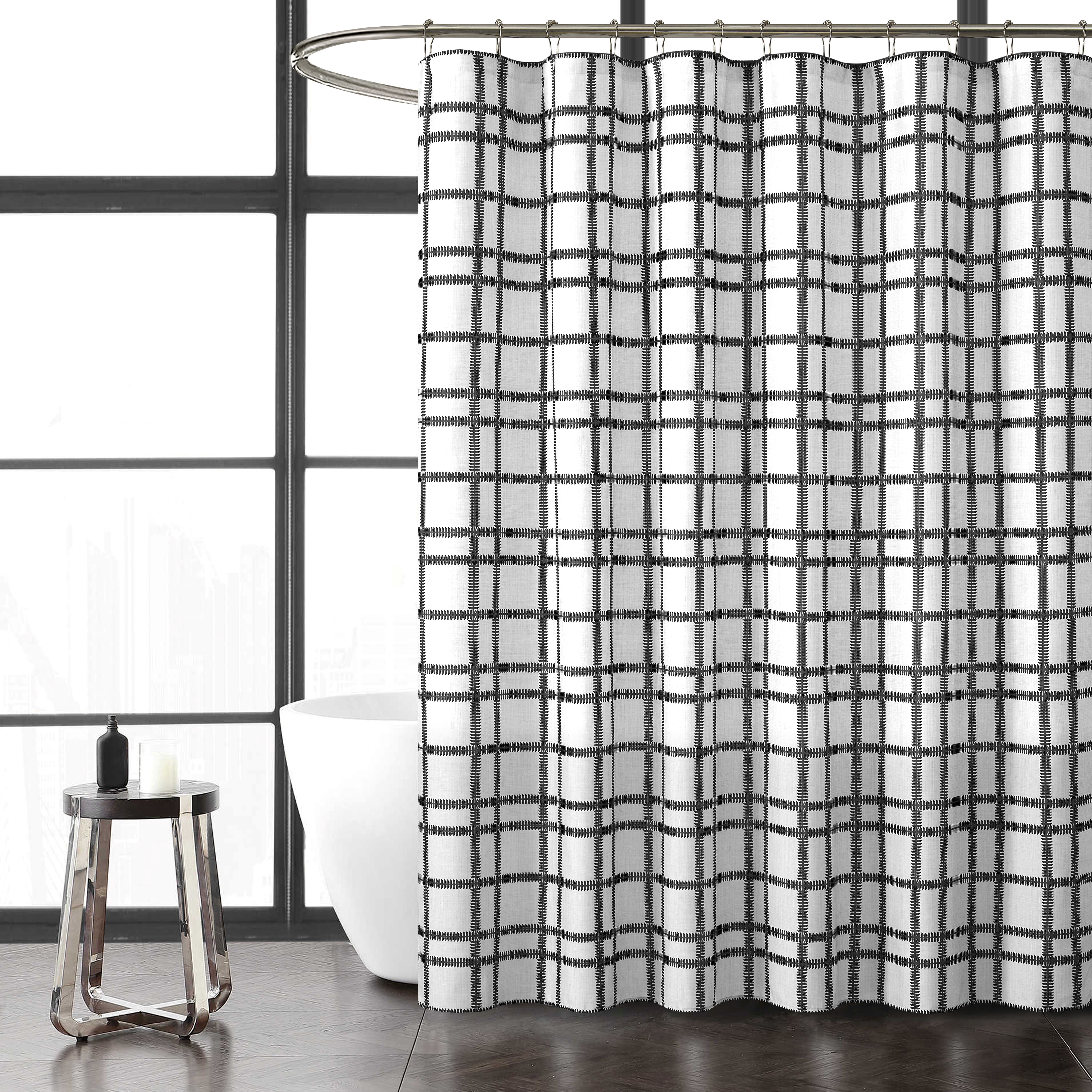 Mainstays 14 Piece Black & White Leave Grid Shower Curtain Set – 72" x 72" Faux Linen Fabric Curtain, Waterproof PEVA Liner & Metal Hooks, Machine Washable