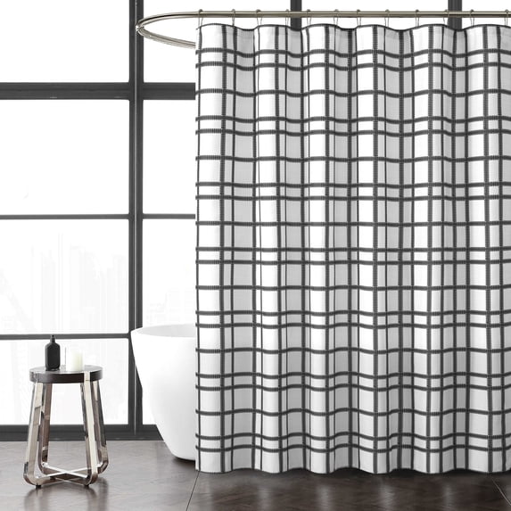 Mainstays 14 Piece Black & White Leave Grid Shower Curtain Set – 72" x 72" Faux Linen Fabric Curtain, Waterproof PEVA Liner & Metal Hooks, Machine Washable