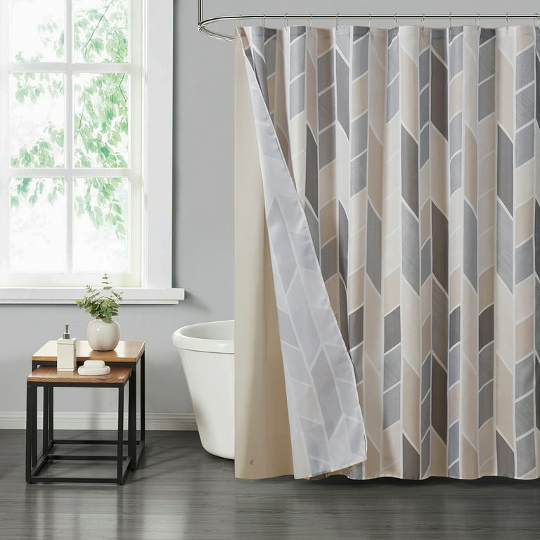 Mainstays 14 Piece Fabric Shower Curtain Set PEVA Liner Hooks Natural Geometric 72 x 72 Walmart
