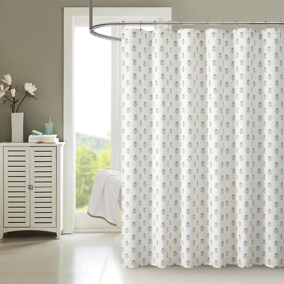 Mainstays 14 Piece Off-White Floral Block Shower Curtain Set  72" x 72" Faux Linen Fabric, Waterproof PEVA Liner & Metal Hooks, Machine Washable