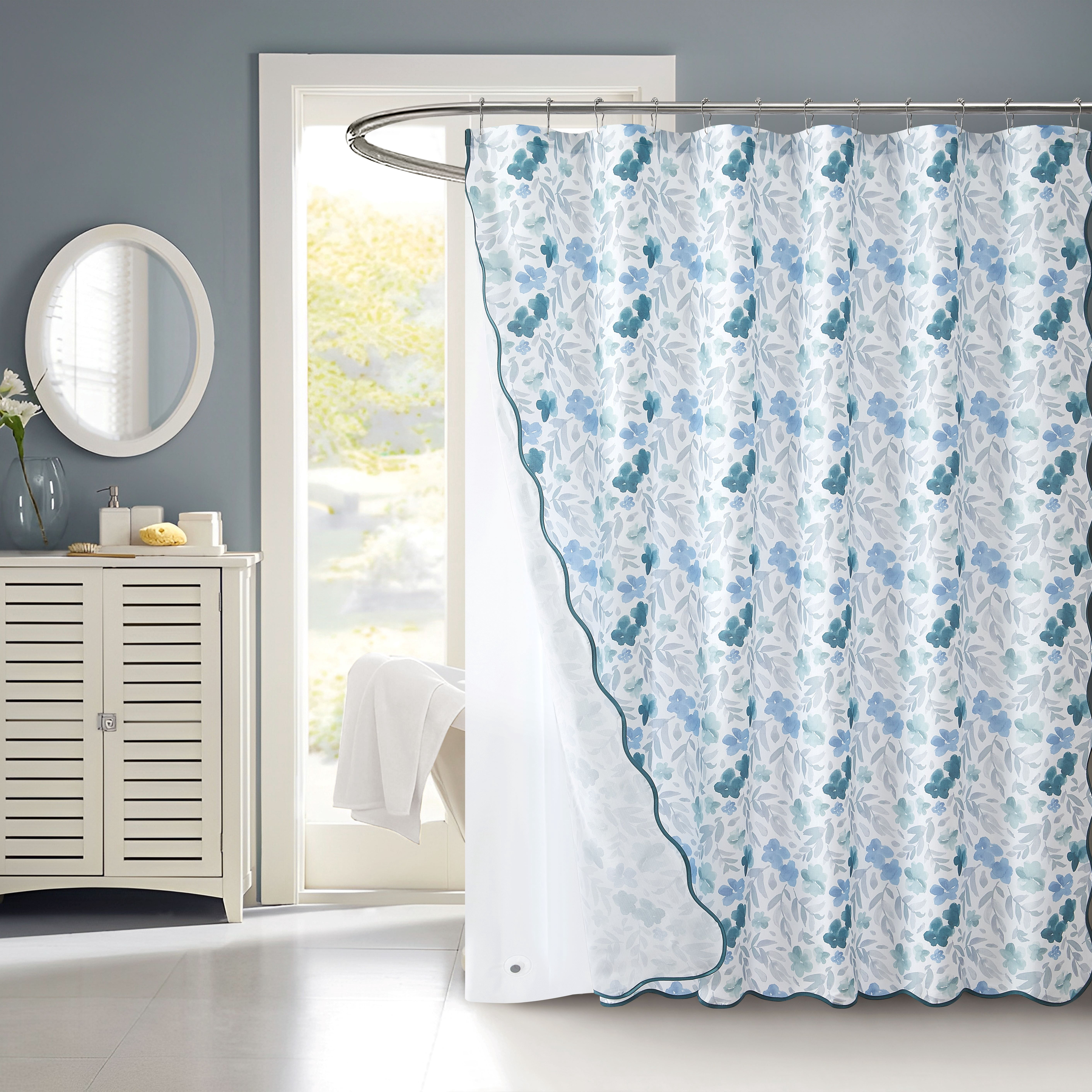 Mainstays 14 Piece Green and Blue Floral Scallop Shower Curtain Set – 72" x 72" Faux Linen Fabric, Waterproof PEVA Liner & Metal Hooks, Machine Washable