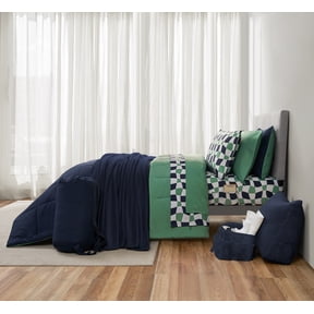 Mainstays Dorm Essentials 14-Piece Bed-in-a-Bag Comforter Set, Twin-XL, Reversible Navy/Green
