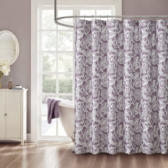 Mainstays 14 Piece Purple Floral Shower Curtain Set – 72" x 72" Faux Linen Fabric, Waterproof PEVA Liner & Metal Hooks, Machine Washable