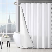 Mainstays 14 Piece Black and White Scallop Shower Curtain Set   72 x 72 Faux Linen Fabric, Waterproof PEVA Liner & Metal Hooks, Machine Washable