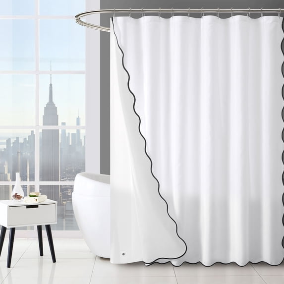 Mainstays 14 Piece Black and White Scallop Shower Curtain Set – 72" x 72" Faux Linen Fabric, Waterproof PEVA Liner & Metal Hooks, Machine Washable