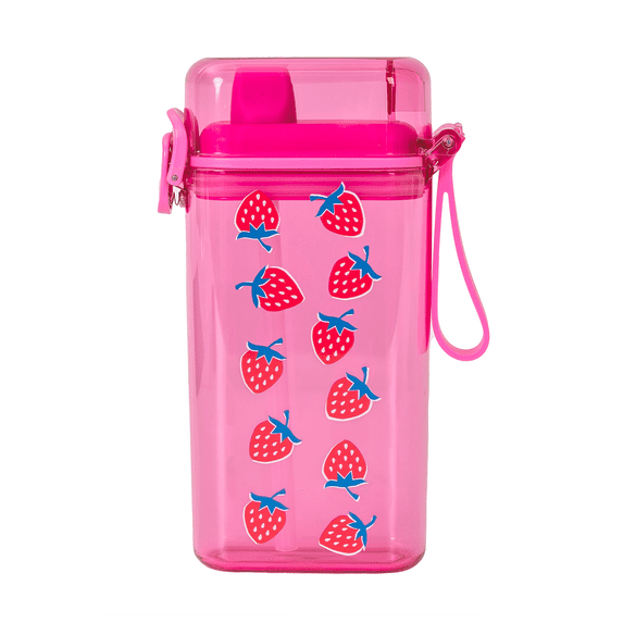 Mainstays 14 oz Sip Bottle with Locking Flip Lid, Straw & Silicone Handle, Pink, Strawberry, Plastic