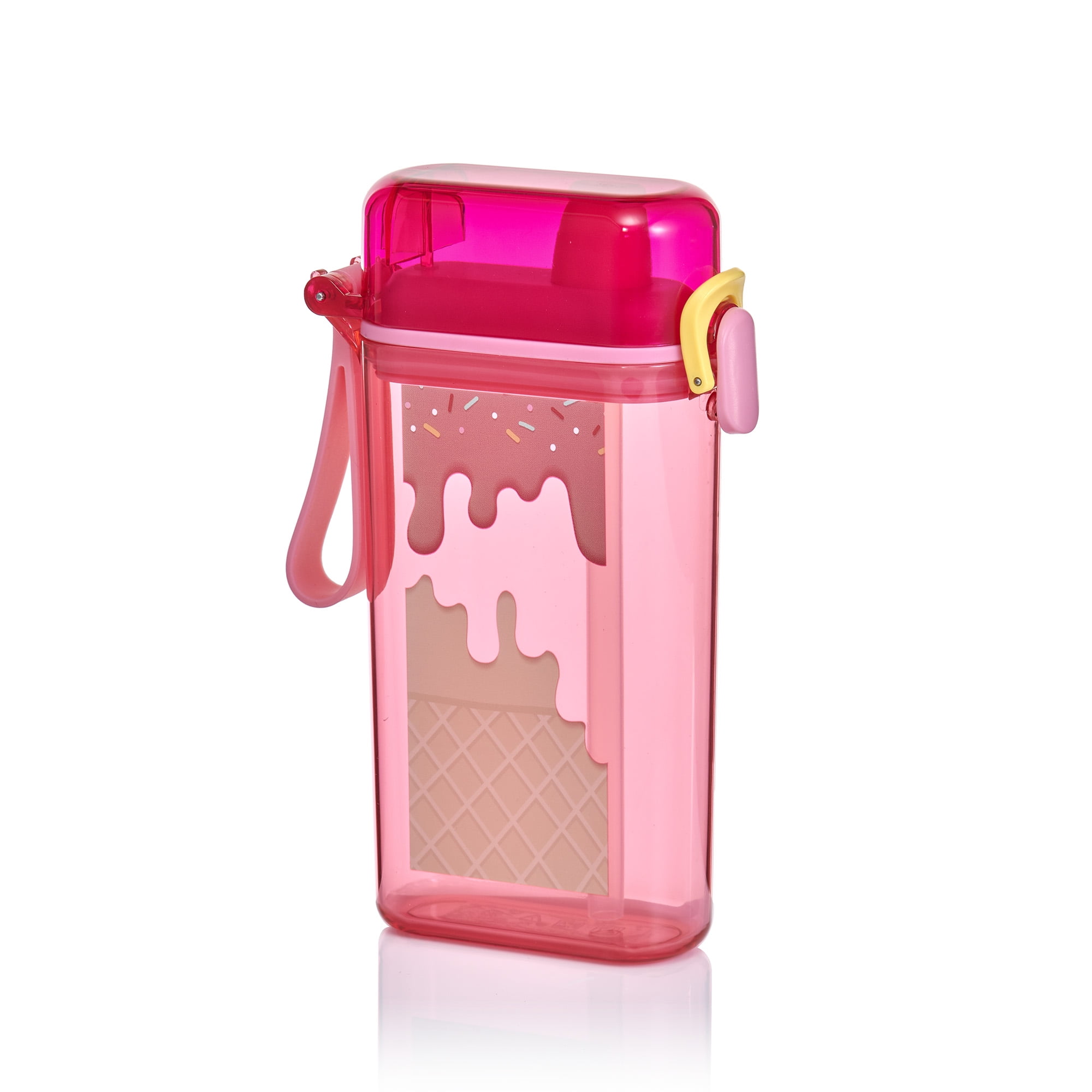 Mainstays 14oz Plastic Water Bottle with Flip Top Lid and Sipper Straw, Pink Ice Cream Cone