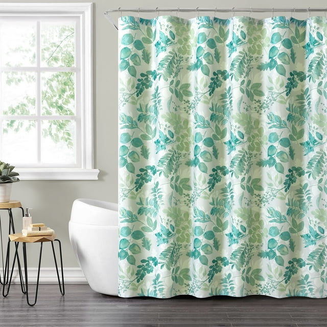 Mainstays 14pc Fabric Shower Curtain Set, with Hooks and Liner, Green