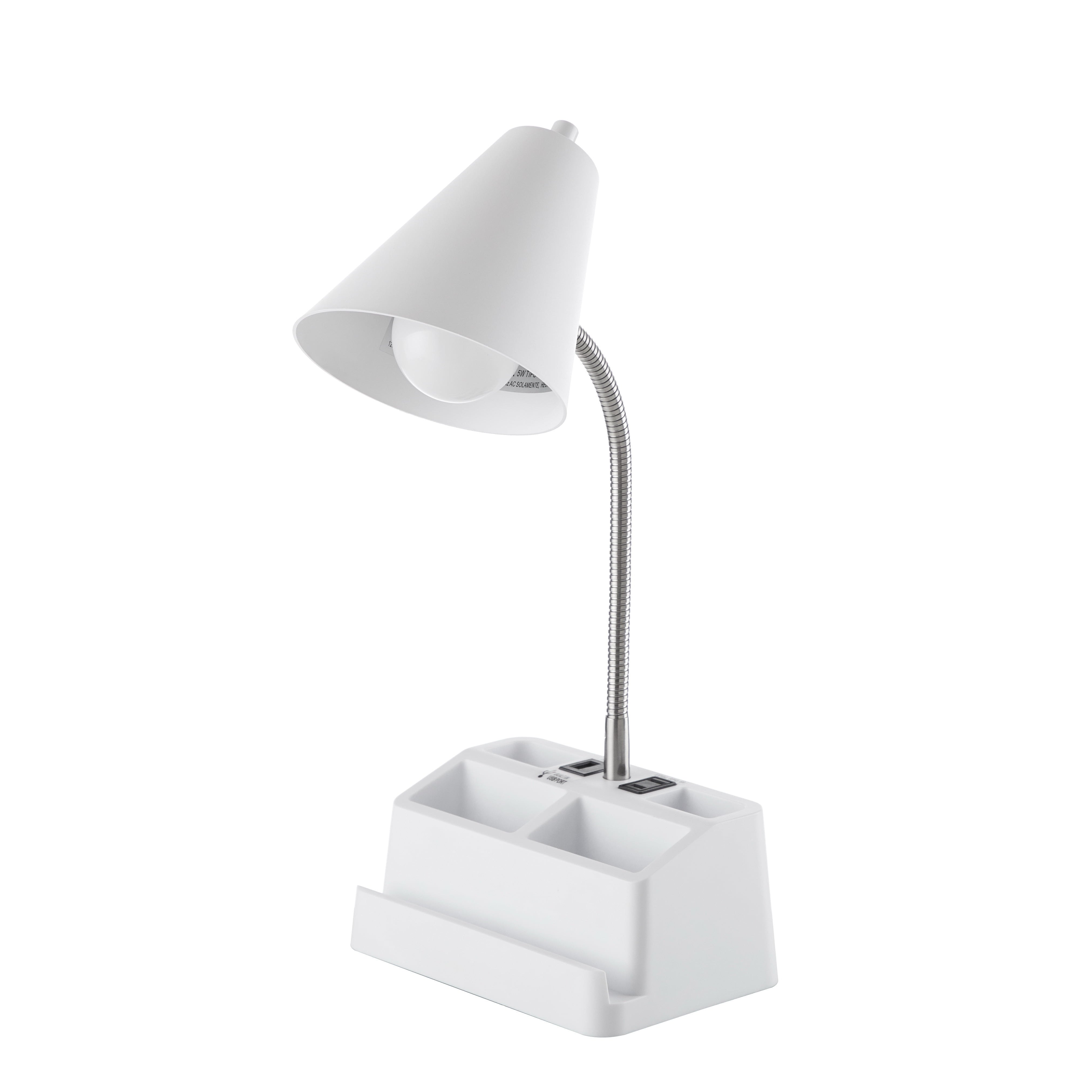 Mainstays 15” LED Desk Lamp with USB Port, Outlet, and Matte White Finish