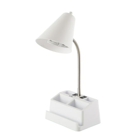Mainstays 15" Organizer Desk Lamp, White, with USB Port and AC Outlet