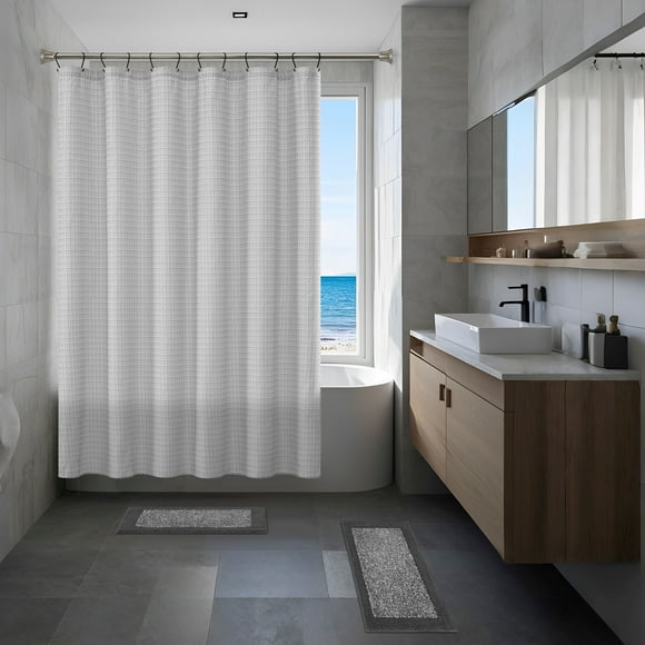 Mainstays 15-Piece Grey Blocks Bathroom Set Geometric Shower Curtain, Bath Rugs & Hooks, Modern Washable Design