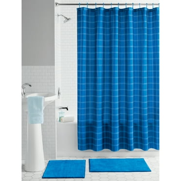Mainstays 15-Piece Blue Windowpane Polyester Shower Curtain Bath Set, 70" x 72"