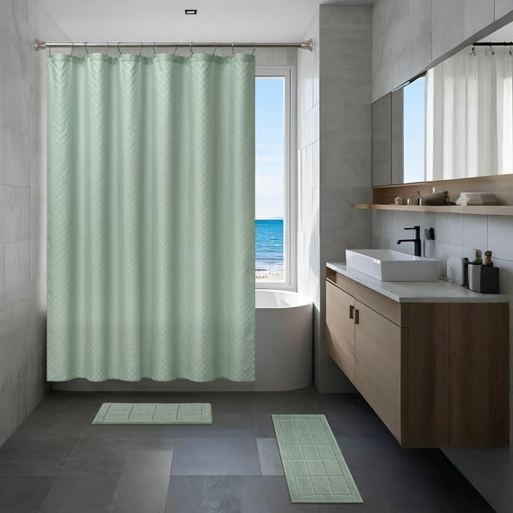 Mainstays 15-Piece Green Checkered Bathroom Set – Shower Curtain, Bath Rugs & Hooks, Easy Care