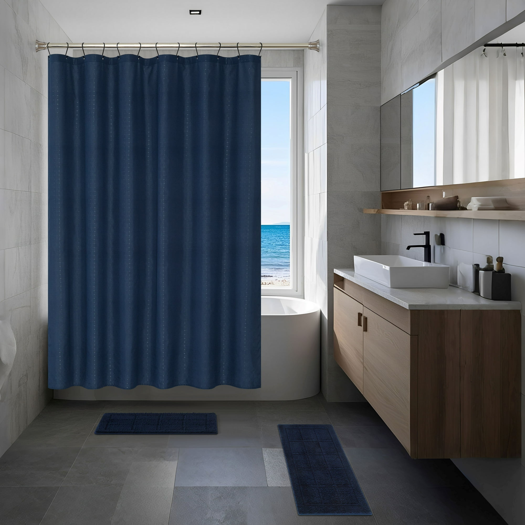 Mainstays 15-Piece Navy Checkered Bathroom Set – Textured Shower Curtain, Bath Rugs & Hooks, Washable Fabric