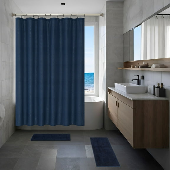 Mainstays 15-Piece Navy Checkered Bathroom Set – Textured Shower Curtain, Bath Rugs & Hooks, Washable Fabric