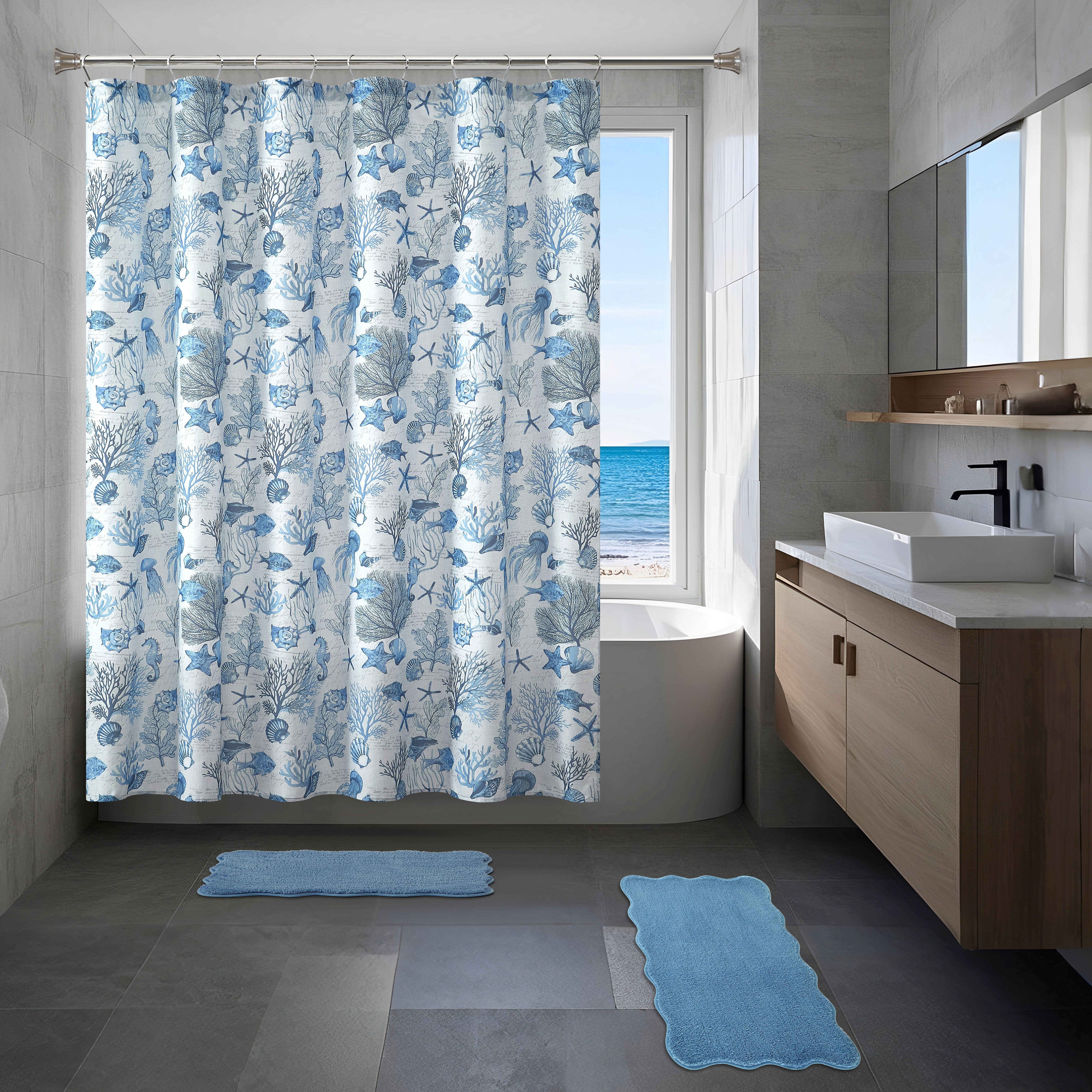 Mainstays 15-Piece Blue Coastal Bathroom Set – Beach-Inspired Shower Curtain, Bath Rugs & Hooks, Washable Ocean Decor