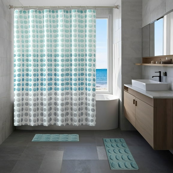 Mainstays 15-Piece Blue Dots Bathroom Set – Shower Curtain, Bath Rugs & Hooks, Modern Washable Design