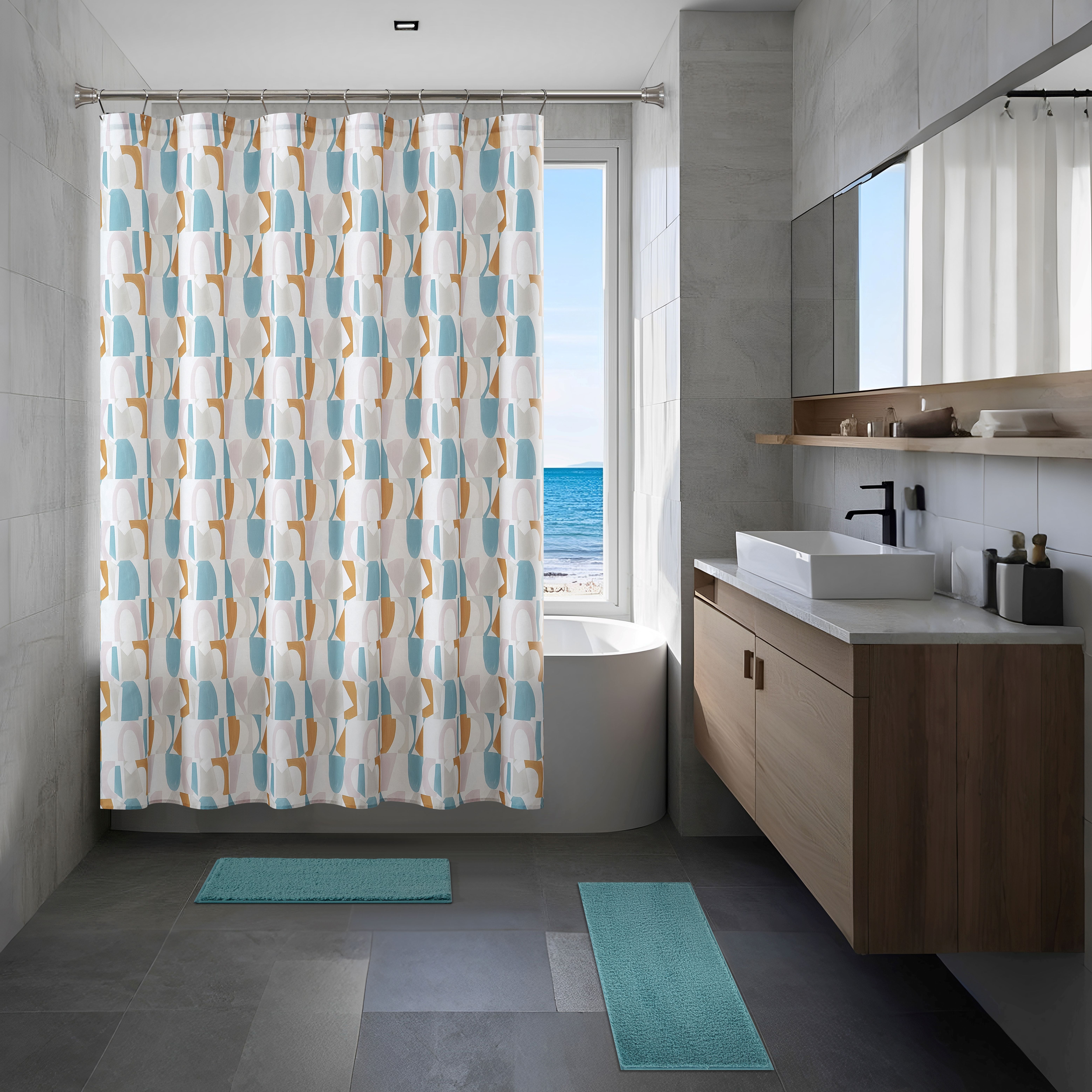 Mainstays 15-Piece Blue & Yellow Geometric Bathroom Set – Shower Curtain, Bath Rugs & Hooks, Modern Washable Design