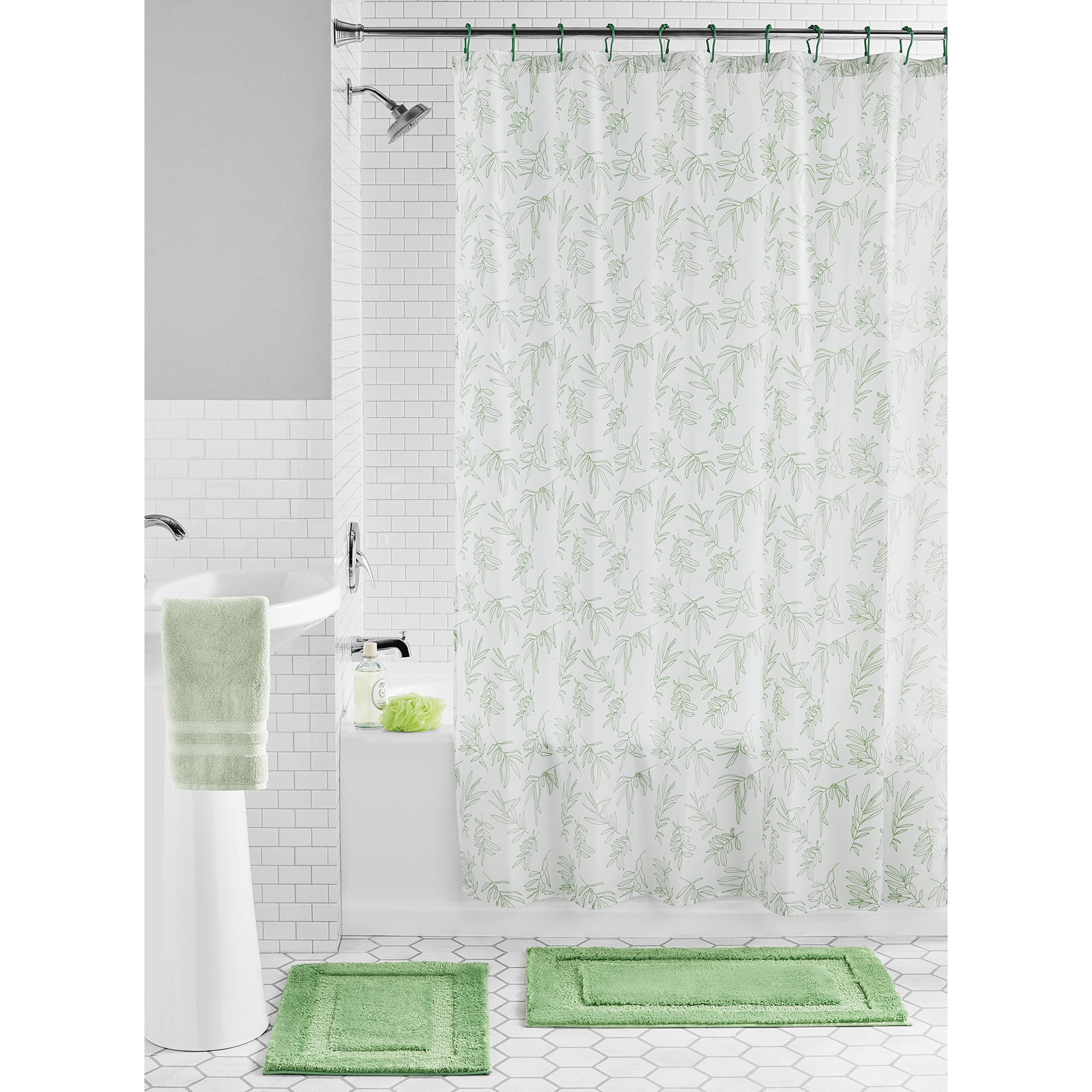 Mainstays 15Piece Green Leaves Print Polyester Shower Curtain Bath Set, 70" x 72"