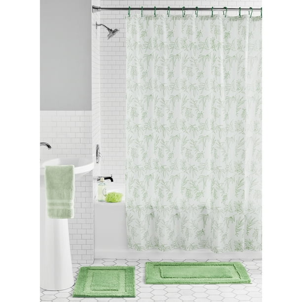 Mainstays 15Piece Green Leaves Print Polyester Shower Curtain Bath Set