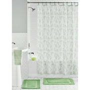Mainstays 15-Piece Green Leaves Print Polyester Shower Curtain Set, 70" x 72"