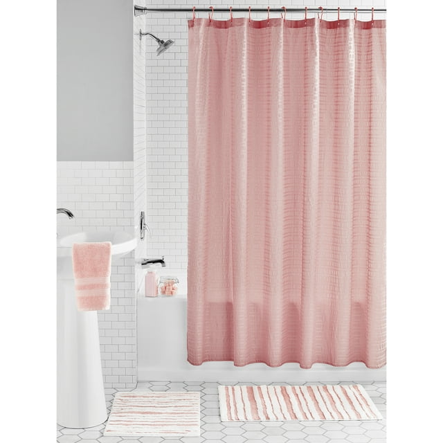 Mainstays 15Piece Pink Embossed Stripe Polyester Shower Curtain and