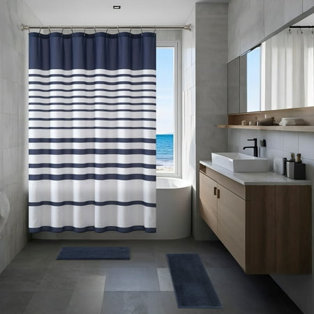 Mainstays 15-Piece Navy Stripe Bathroom Set – Shower Curtain, Bath Rugs & Hooks, Spa-Inspired Washable Design