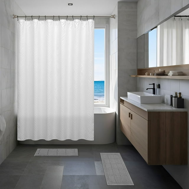 Mainstays 15-Piece White Textured Bathroom Set – Shower Curtain, Bath Rugs & Hooks, Elegant Washable Design