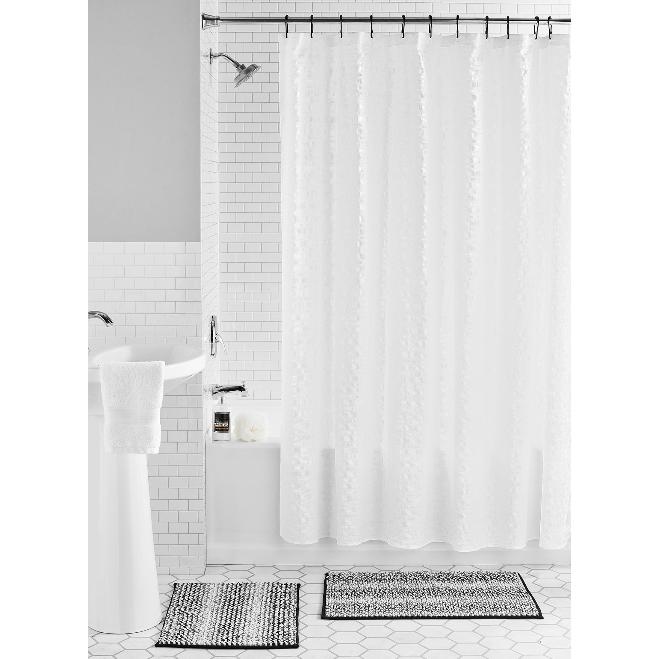 Mainstays 15-Piece White/Black Embossed Stripe Polyester Shower Curtain ...