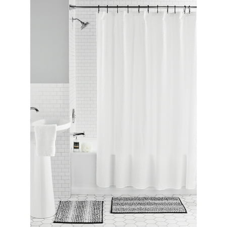 Mainstays 15-Piece White/Black Embossed Stripe Polyester Shower Curtain Bath Set, 70" x 72"
