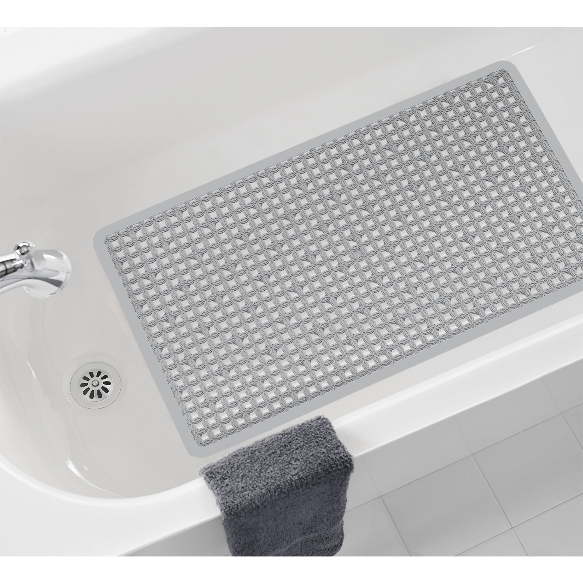 Gray Mildew Resistant Ring Textured Bathtub Mat with Suction Cups