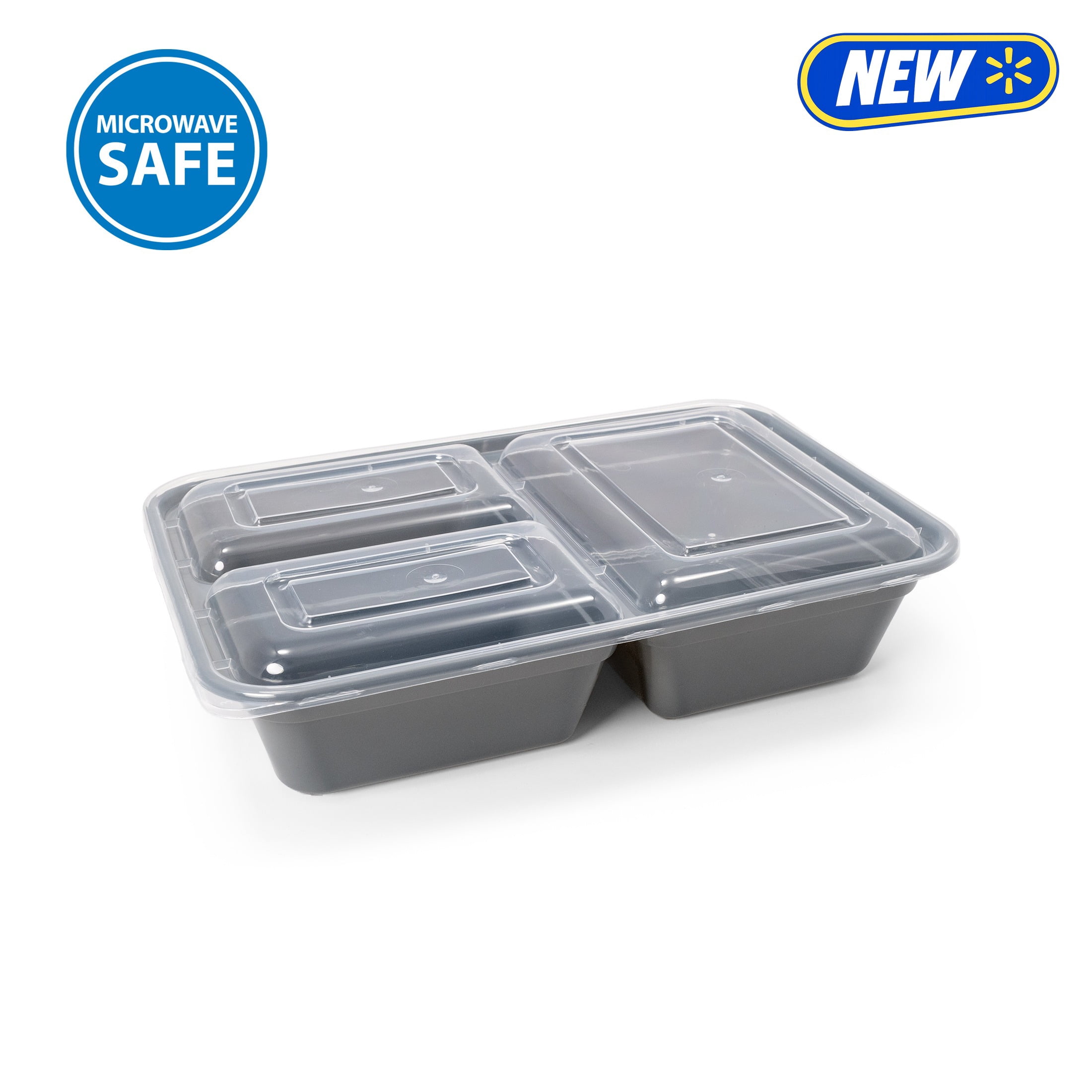 Mainstays 15-Pack 3-Compartment BPA-Free Plastic Meal Prep Food Storage Containers, 0.9L, Soothing Grey