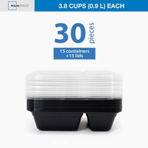 Mainstays 2-Compartment Meal Prep Food Storage Containers, 30-Piece Set, 15 Containers + 15 Lids, BPA-Free, Leak-Resistant