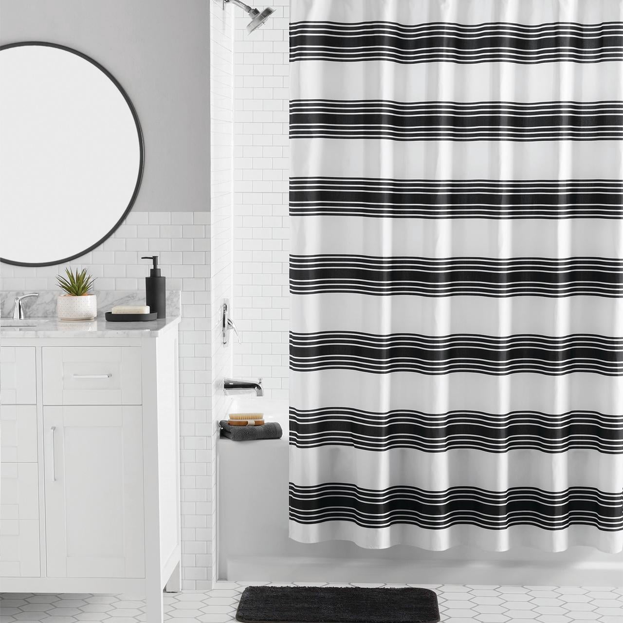 Mainstays 16-Piece Black Stripe Shower Curtain Bathroom Set with Fabric Curtain, Rug, Hooks, Soap Dispenser and Tray