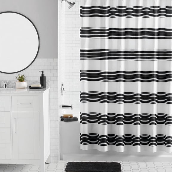 Mainstays 16-Piece Black Stripe Shower Curtain Bathroom Set with Fabric Curtain, Rug, Hooks, Soap Dispenser and Tray