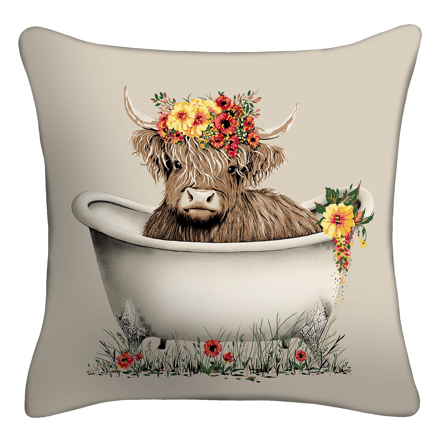Walmart Deal of Mainstays 16" x 16" Highland Cow Decorative Outdoor Throw Pillow, Multicolor