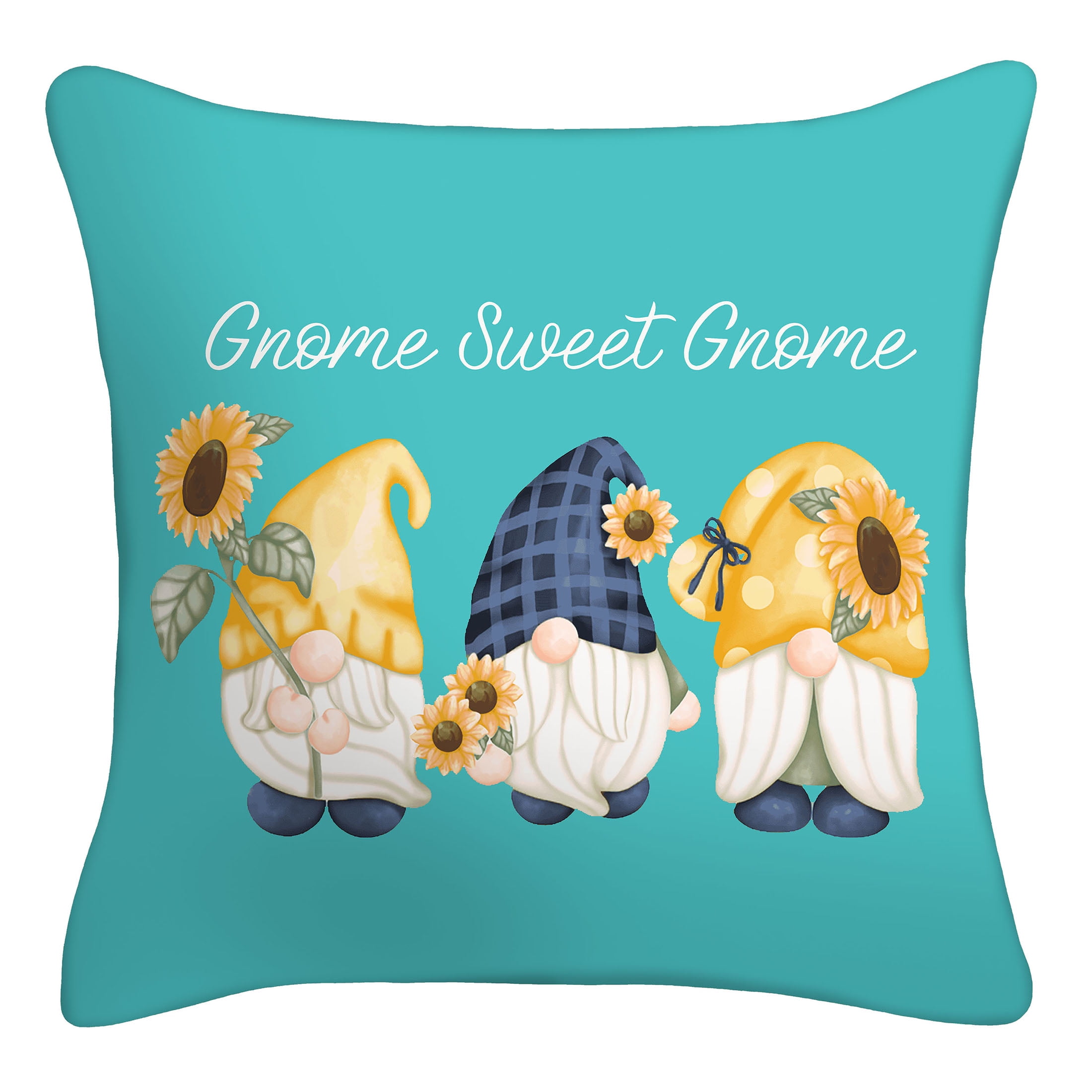 Mainstays 16" x 16" Reversible Sunflower Gnome Decorative Outdoor Throw Pillow, Teal
