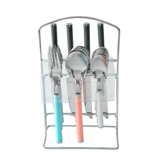 Mainstays 17 Piece Aura Flatware Set with Storage Rack Multicolor, Service for 4