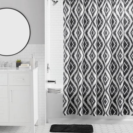 Mainstays 16-Piece Black Diamond Pattern Shower Curtain Bathroom Set – Fabric Curtain with Rug, Hooks, Soap Dispenser & Tray
