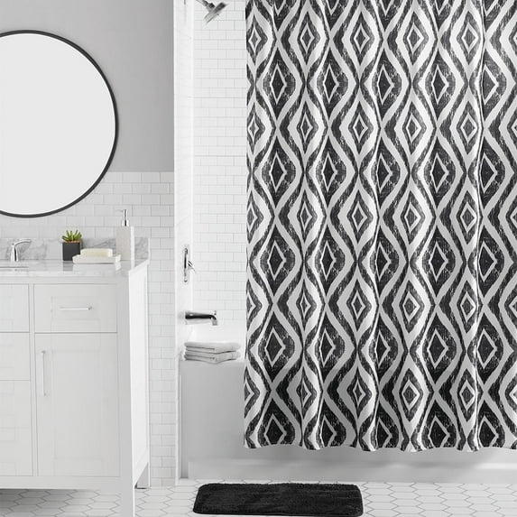 Mainstays Diamond Shower Curtain Set – Fabric, Black, Standard Size, 16-Piece